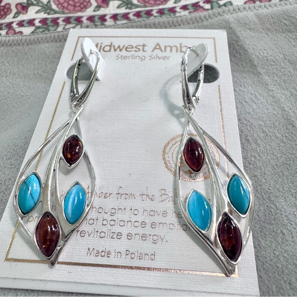 NWT  Midwest Amber & Turquoise sterling silver earrings,Western,Southwes,Cowgirl